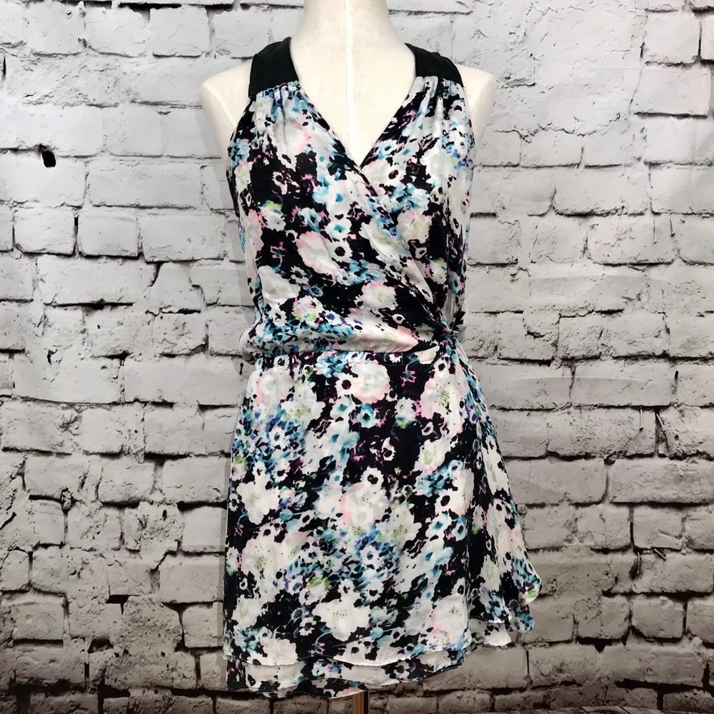 Parker Black‎ Floral Print Silk Leather Wrap Dress